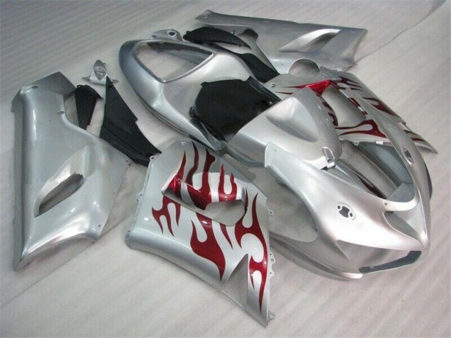 Best 2005-2006 Silver Red Flames Kawasaki ZX6R Motorcycle Fairings Canada Best 2005-2006 Silver Red Flames Kawasaki ZX6R Motorcycle Fairings Canada