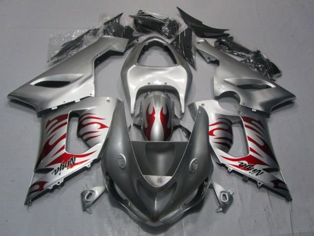 Best 2005-2006 Silver Red Flame Ninja Kawasaki ZX6R Motorcycle Replacement Fairings Canada Best 2005-2006 Silver Red Flame Ninja Kawasaki ZX6R Motorcycle Replacement Fairings Canada